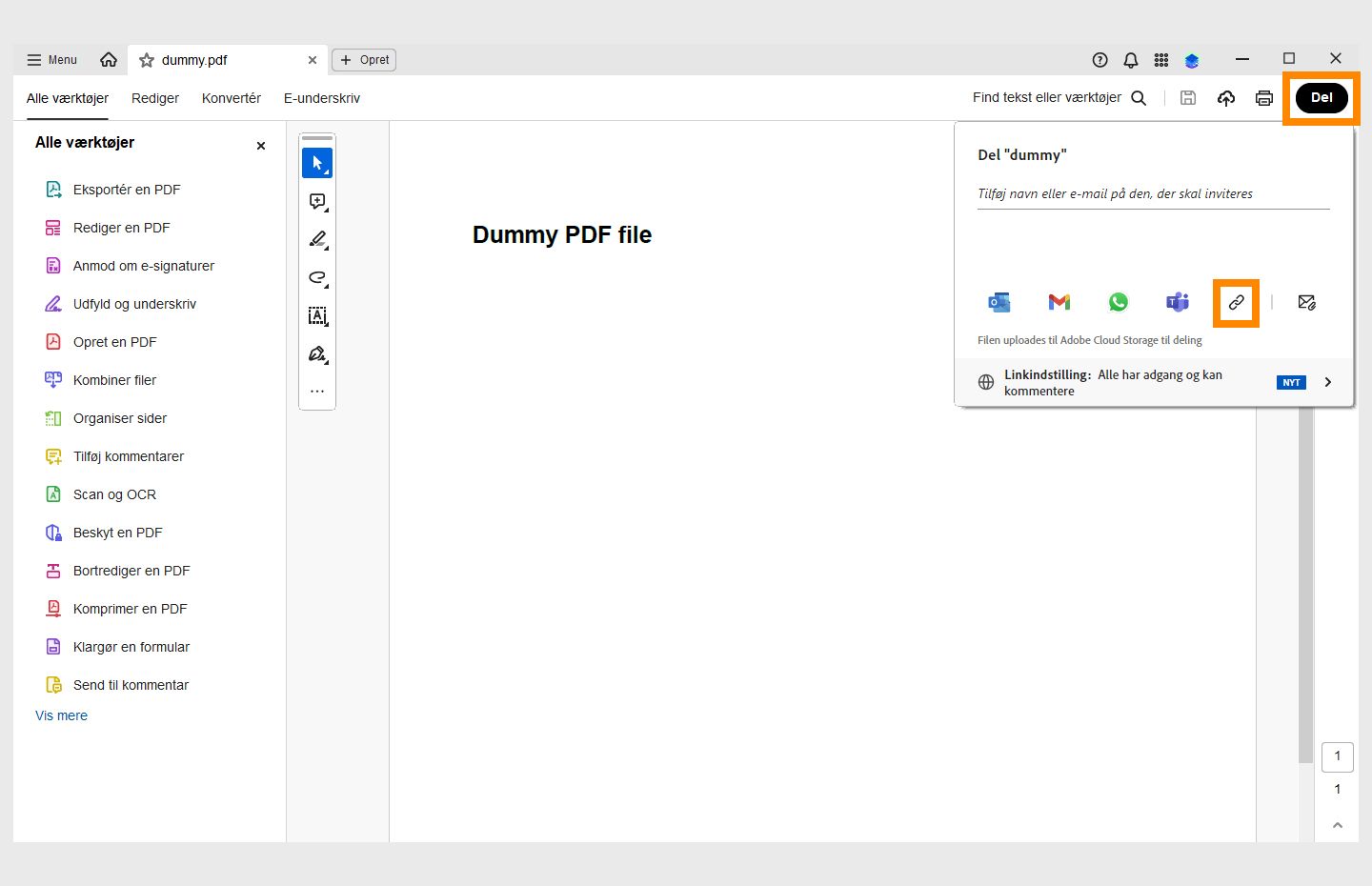 En PDF-formular åbnes i Acrobat, og delingsindstillingerne vises. 