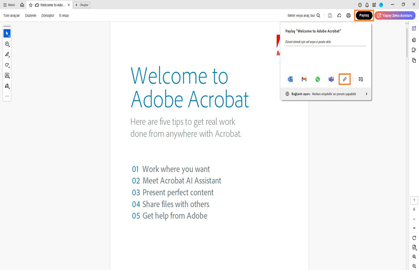 PDF formu Acrobat'ta açılır ve Paylaş seçenekleri görüntülenir. 