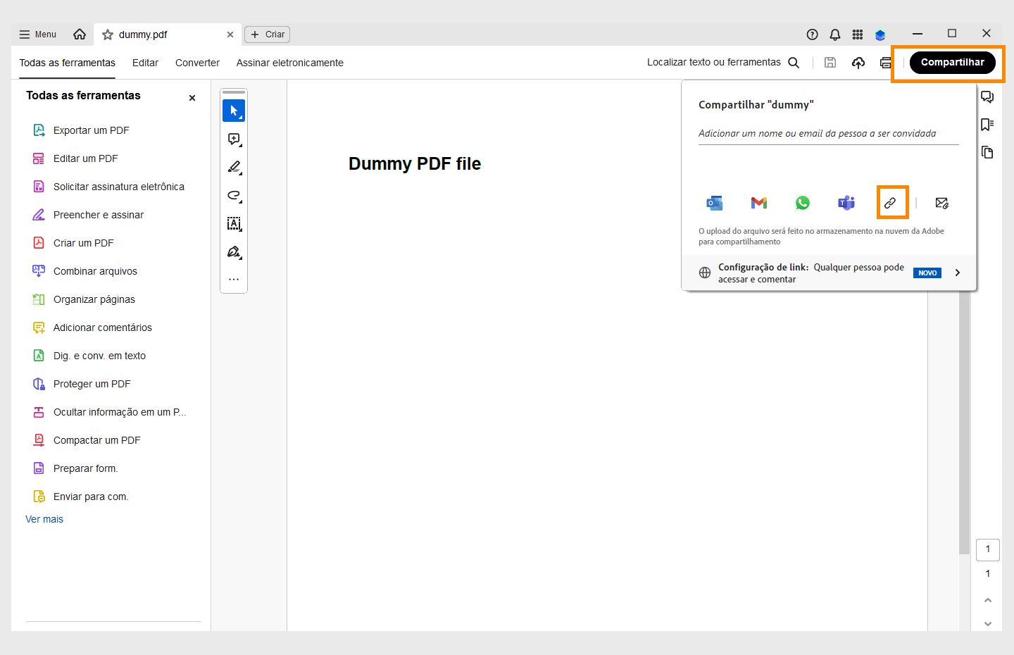 Um formulário PDF é aberto no Acrobat e as opções de compartilhamento são exibidas. 