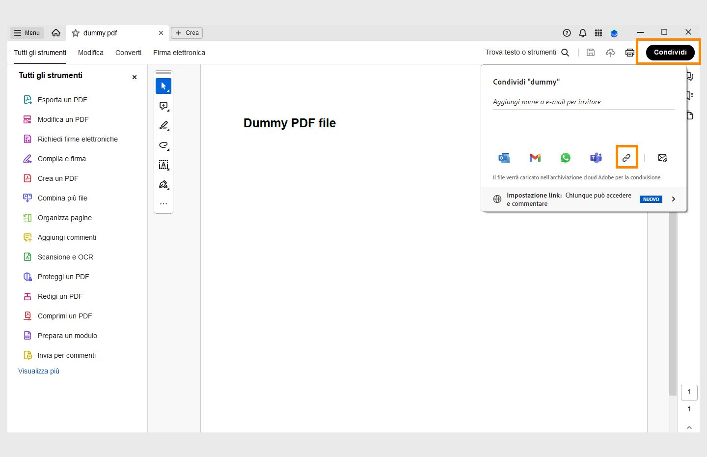 Modulo PDF aperto n Acrobat con le opzioni di condivisione visualizzate. 