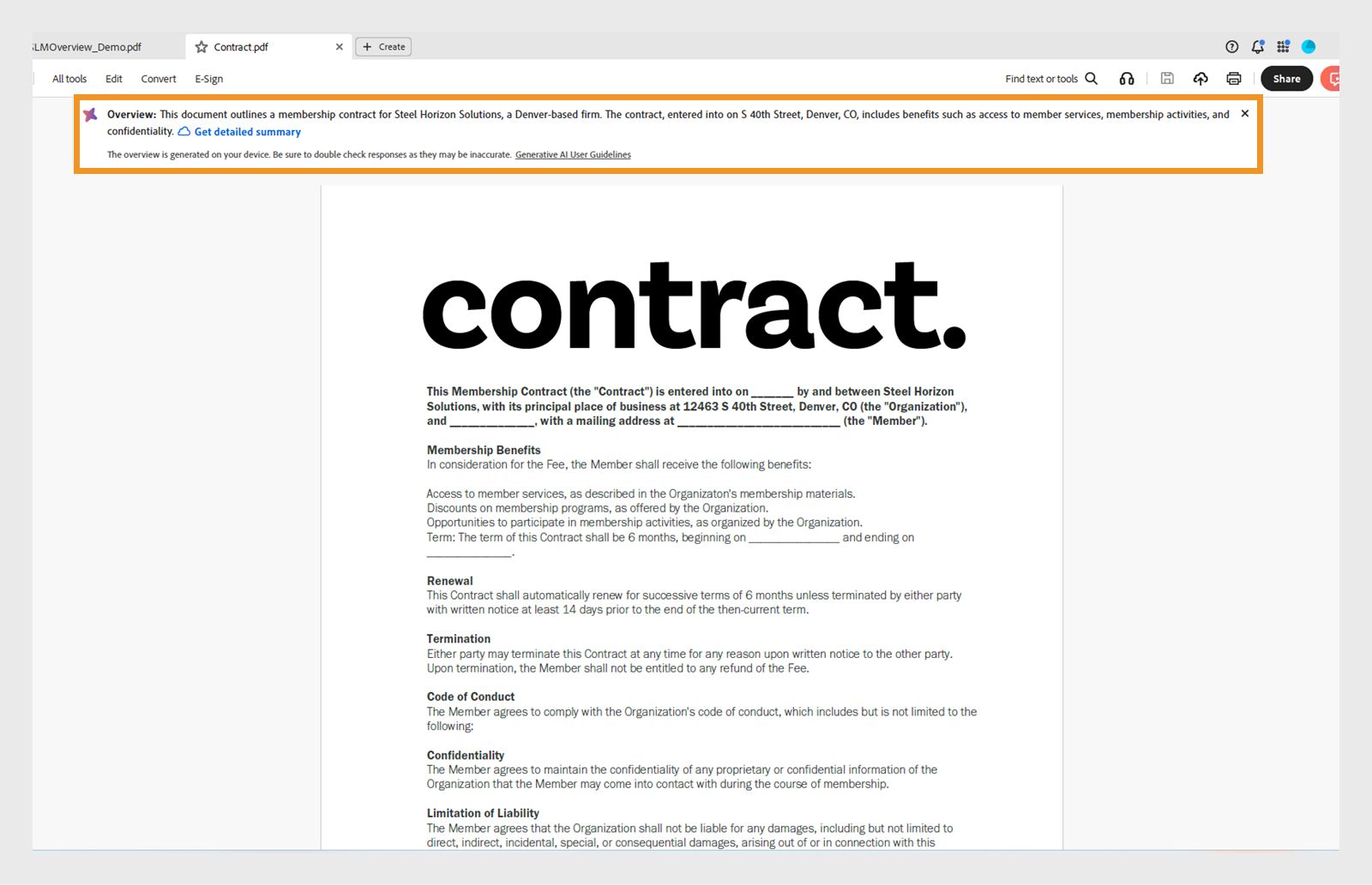 Adobe Acrobat con banner di panoramica del documento e le opzioni per visualizzare un riepilogo dettagliato e impostare le preferenze predefinite per la visualizzazione delle panoramiche.