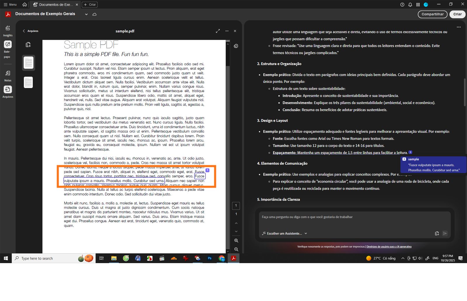 O conteúdo gerado por IA no PDF Spaces mostra citações clicáveis para revelar detalhes da origem para verificação e compreensão mais profunda.