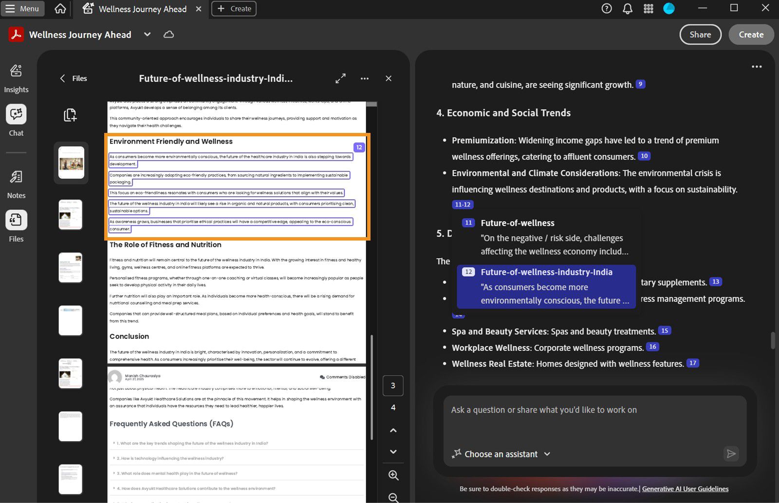 El contenido generado por IA en PDF Spaces muestra citas activas para revelar detalles de la fuente para su verificación y una comprensión más profunda.