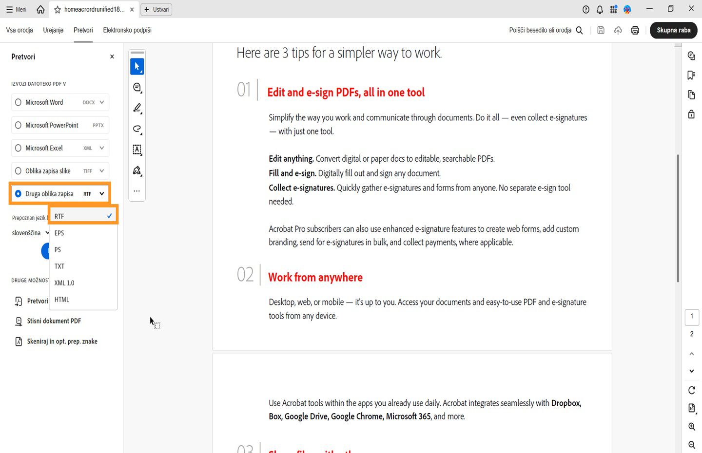 PDF se odpre v programu Acrobat. Odpre se podokno za pretvarjanje ter spustni meni Druga oblika zapisa z označeno možnostjo RTF. 