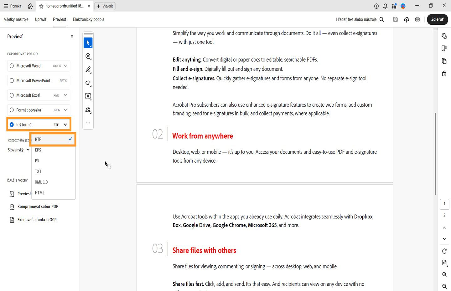 Súbor PDF sa otvorí v programe Acrobat. Otvorí sa tabla prevodu a rozbaľovacia ponuka Ďalší formát so zvýraznenou možnosťou RTF. 