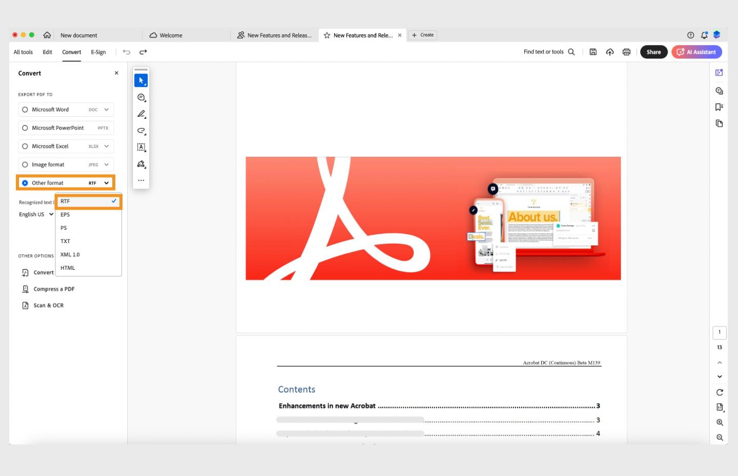 PDF נפתח ב-Acrobat. חלונית Convert פתוחה והתפריט הנפתח Other format פתוח כאשר האפשרות RTF הודגשה. 