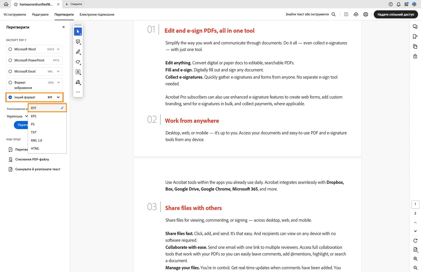 PDF-файл відкриється в Acrobat. Панель перетворення відкрито, а розкривне меню «Інший формат» відкрито з виділеним параметром RTF. 