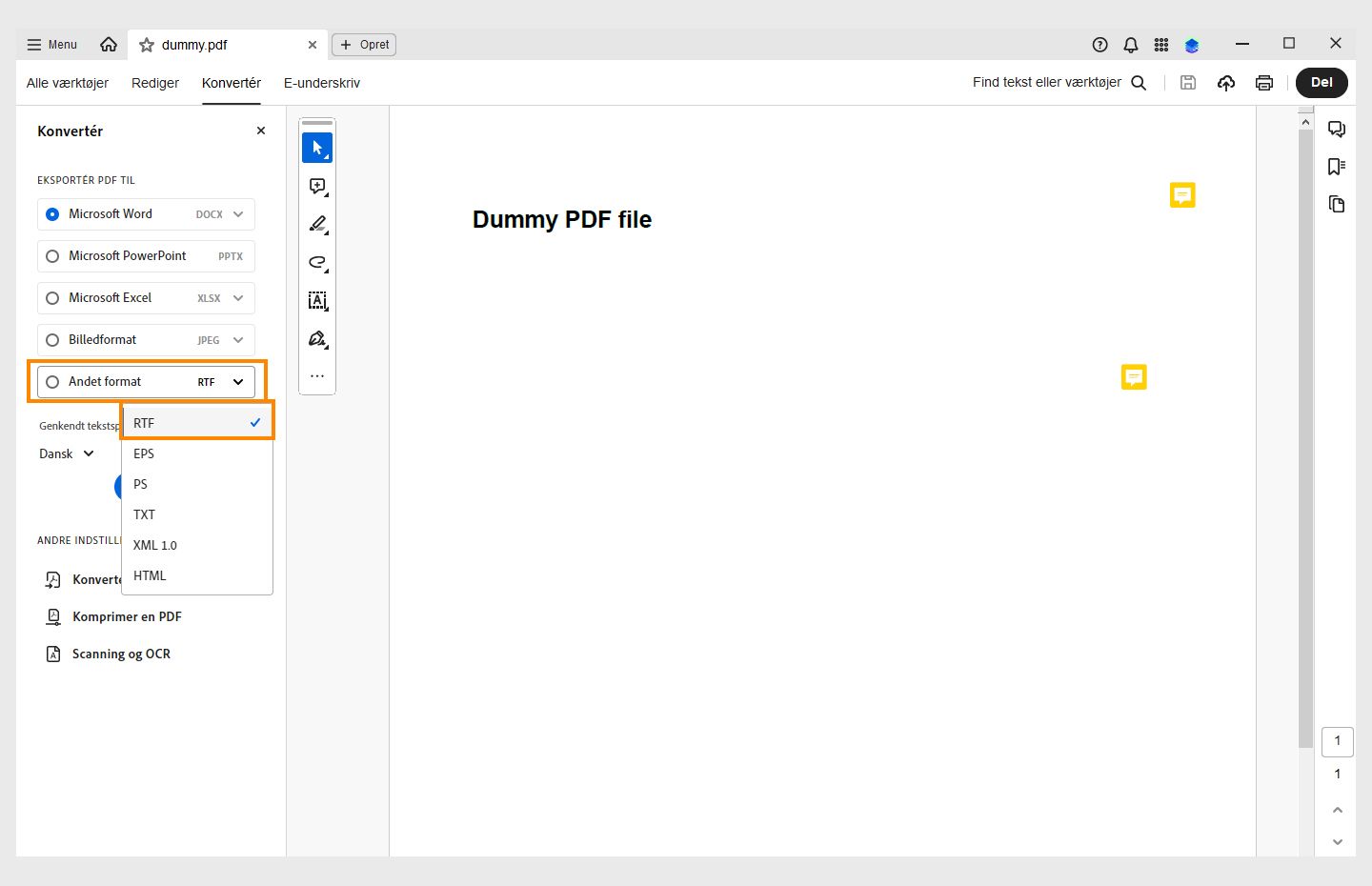 En PDF åbnes i Acrobat. Ruden Konvertér åbnes, og rullemenuen Andet format åbnes med RTF-indstillingen fremhævet. 
