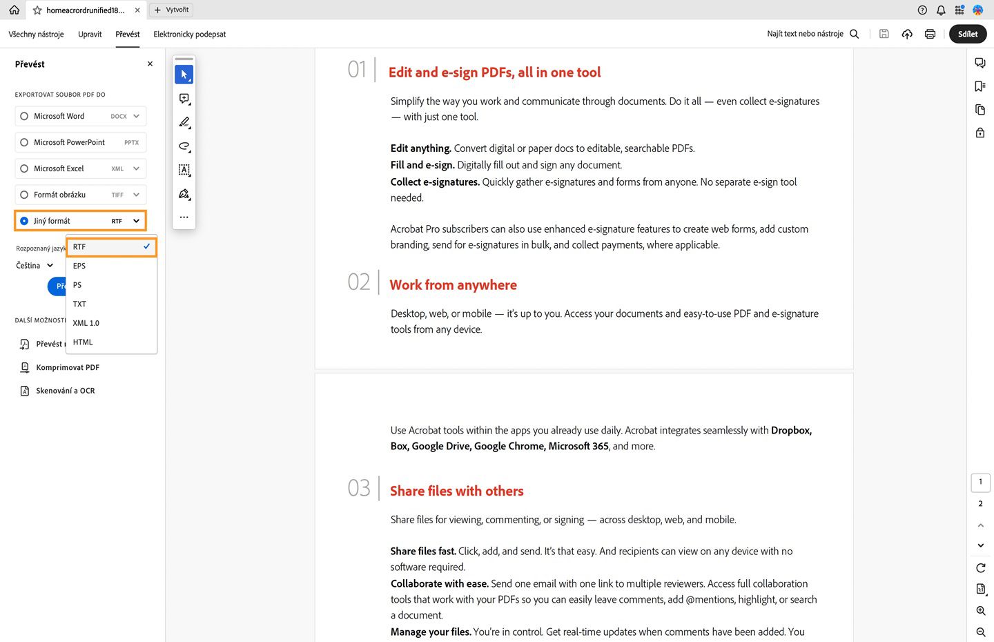 PDF se otevře v aplikaci Acrobat. Podokno Převést je otevřené a rozevírací nabídka Jiný formát je otevřená se zvýrazněnou možností RTF. 