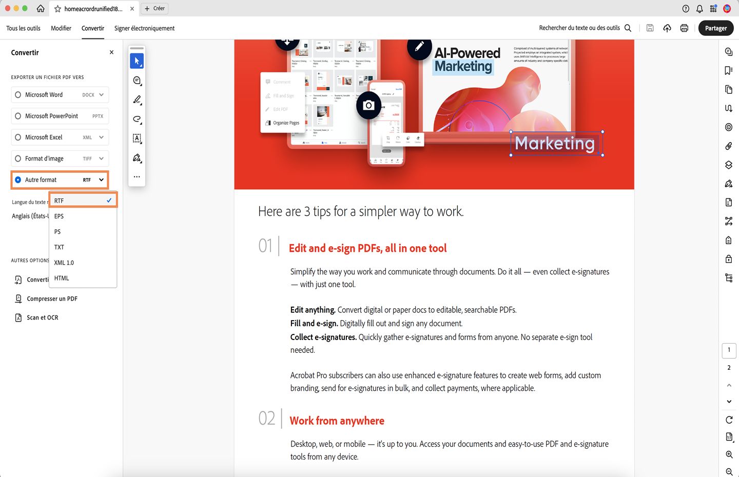 Un fichier PDF s’ouvre dans Acrobat. Le panneau Convertir s’ouvre et le menu déroulant Autre format s’ouvre avec l’option RTF sélectionnée. 