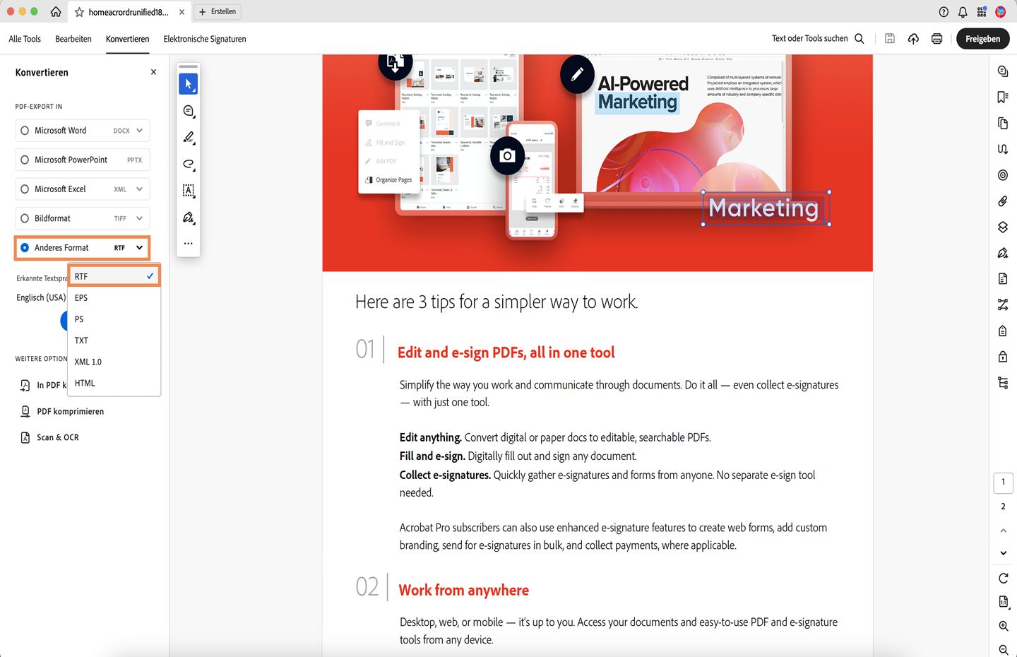 Eine PDF-Datei wird in Acrobat geöffnet. Das Konvertierungsfenster wird geöffnet, das Dropdown-Menü „Anderes Format“ wird geöffnet, und die RTF-Option ist hervorgehoben. 