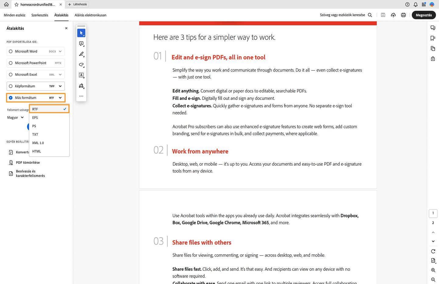 A PDF megnyílik az Acrobatban. Megnyílik a Konvertálás ablaktábla, az Egyéb formátum legördülő menüben pedig ki van jelölve az RTF opció. 