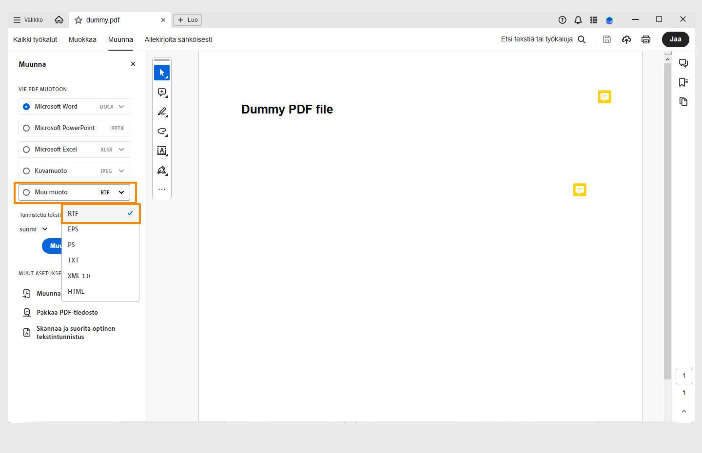 PDF-tiedosto avataan Acrobatissa. Muunna-ruutu on avattuna, avattava Muu tiedostomuoto -valikko on avattuna ja RTF-vaihtoehto on korostettuna. 
