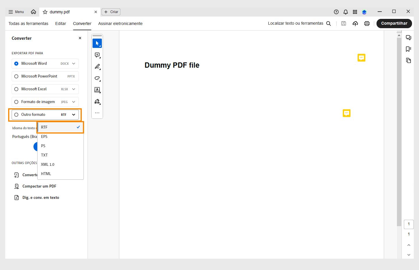 Um PDF aberto no Acrobat. O painel Converter aberto com o menu suspenso Outros formatos aberto com a opção RTF realçada. 