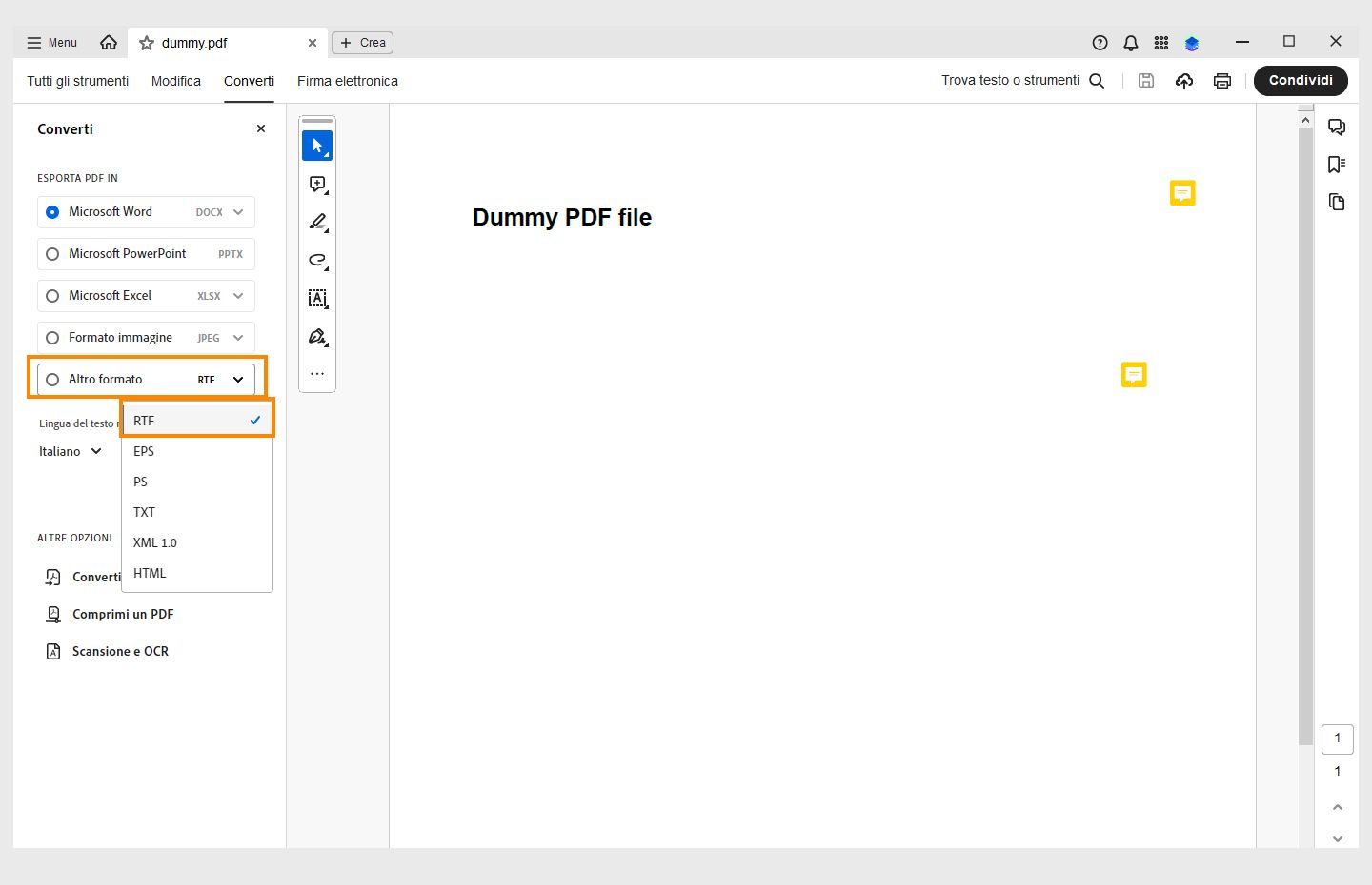 Un PDF si apre in Acrobat. Riquadro Converti aperto con aperto il menu a discesa Altri formati e l’opzione RTF evidenziata. 