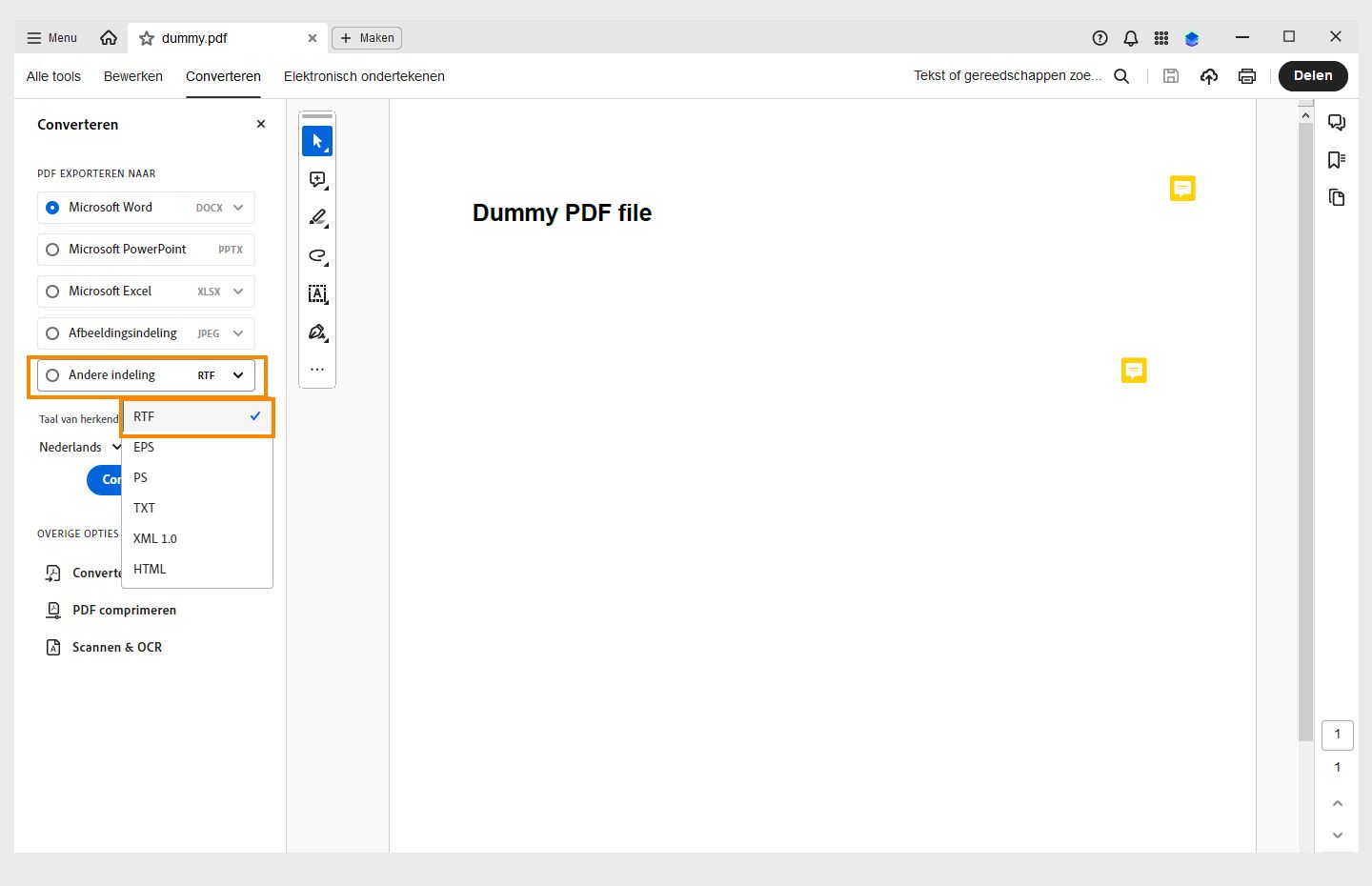 Een PDF wordt geopend in Acrobat. Het deelvenster Converteren wordt geopend en het vervolgkeuzemenu Andere indeling is geopend met de optie RTF gemarkeerd. 