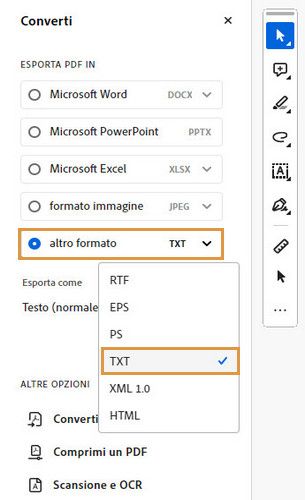 La barra degli strumenti di conversione in Acrobat viene mostrata con l’opzione altro evidenziata