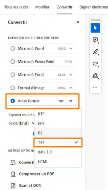 La barre d’outils de conversion dans Acrobat est affichée, et l’option Autre format est mise en évidence