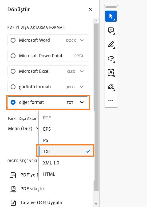 Acrobat'taki dönüştürme araç çubuğu gösterilir ve diğer seçenek vurgulanır