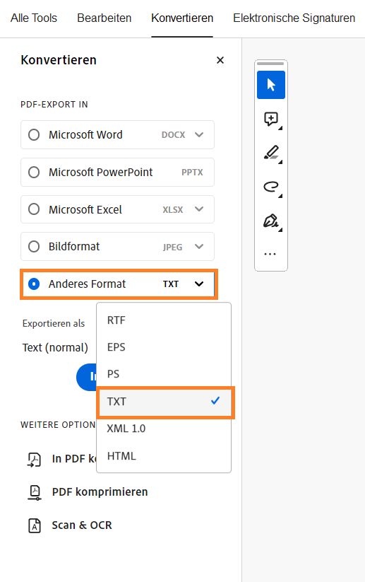 Die Werkzeugleiste „Konvertieren“ in Acrobat wird angezeigt und „andere Option“ ist hervorgehoben.