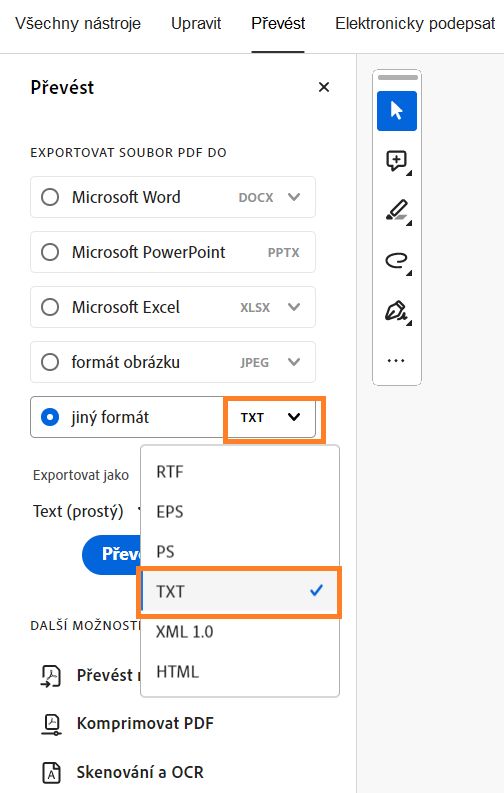 Zobrazení panelu nástrojů pro převod v aplikaci Acrobat se zvýrazněnou jinou možností