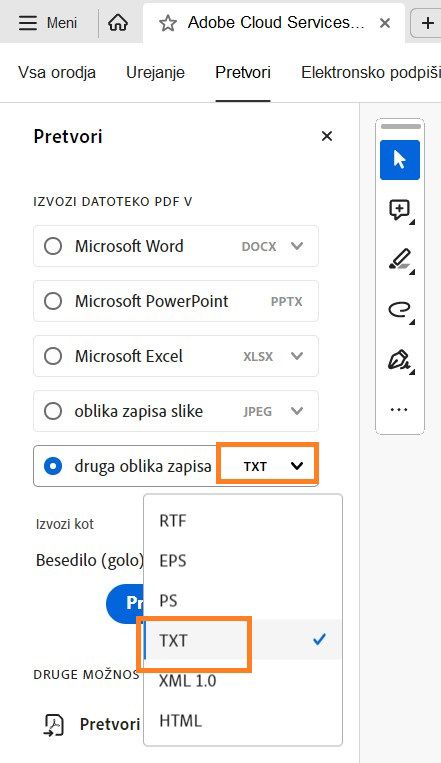 Prikaže se orodna vrstica za pretvorbo v programu Acrobat in označena je druga možnost