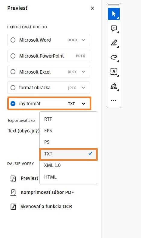 Zobrazí sa panel s nástrojmi na prevod v aplikácii Acrobat a zvýrazní sa ďalšia možnosť