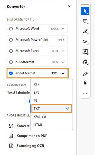 Værktøjslinjen til konvertering i Acrobat vises, og en anden indstilling fremhæves