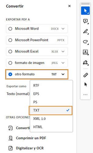 Se muestra la barra de herramientas de conversión en Acrobat y se resalta otra opción