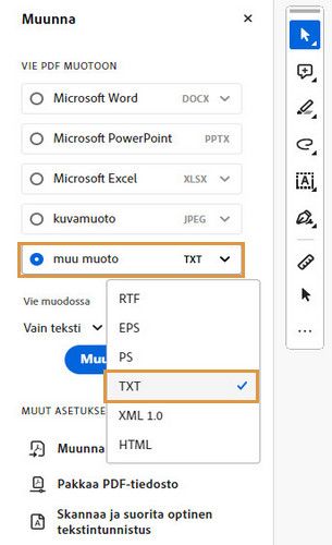 Muunnostyökalurivi on näkyvissä Acrobatissa ja muu valinta on korostettuna