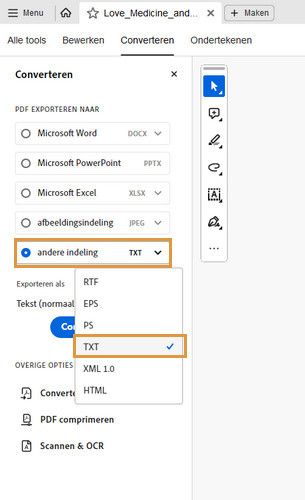 De werkbalk voor converteren in Acrobat wordt weergegeven en de andere optie is gemarkeerd
