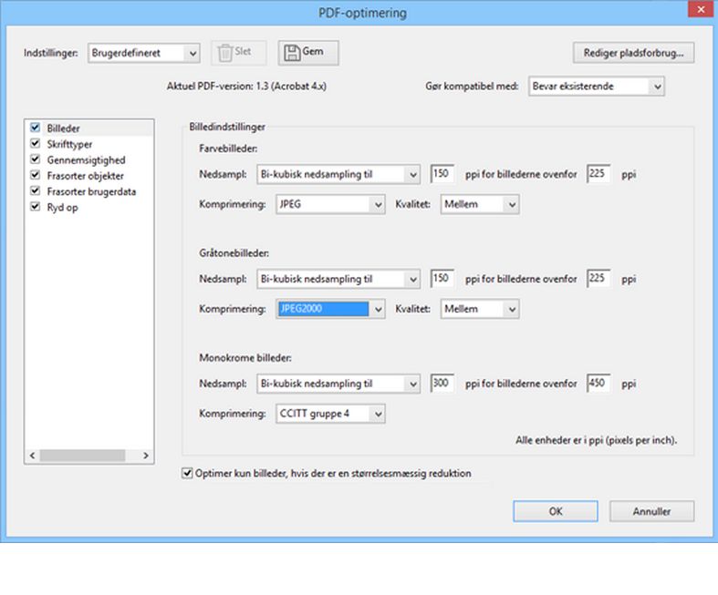 Indstillinger for PDF-optimering i Acrobat