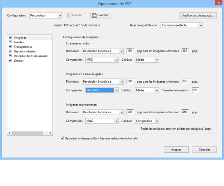 Opciones del Optimizador de PDF en Acrobat