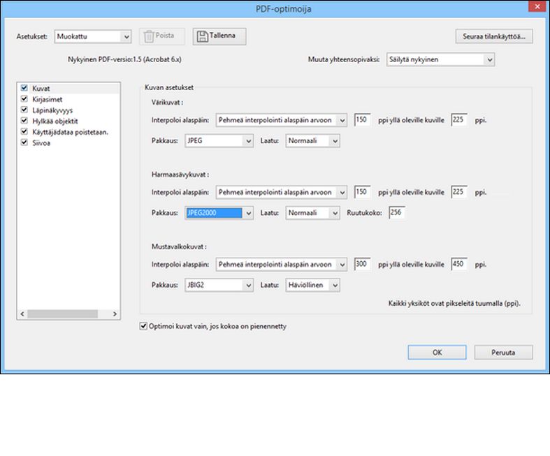 PDF-optimoijan asetukset Acrobatissa