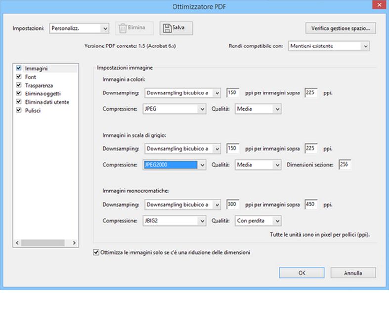 Opzioni di Ottimizzatore PDF in Acrobat