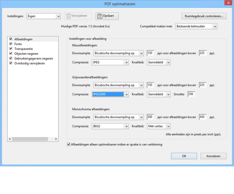 Opties van PDF optimaliseren in Acrobat