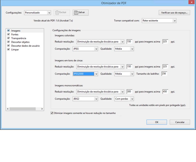 Opções do Otimizador de PDF no Acrobat
