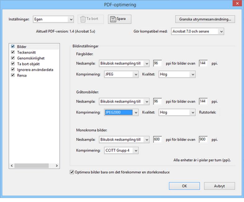 Alternativ för PDF-optimering i Acrobat