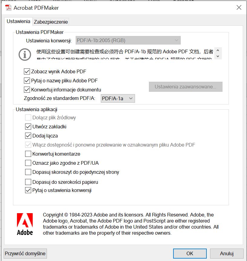 Ustawienia PDFMaker do ustawiania zgodności z UA