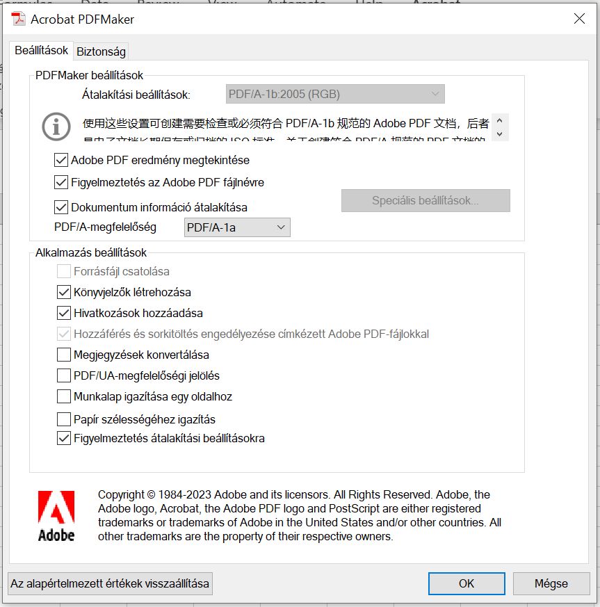 A PDFMaker beállításai az UA-megfelelőség beállításához
