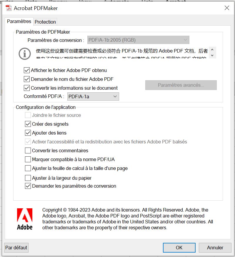 Paramètres PDFMaker pour définir la conformité UA