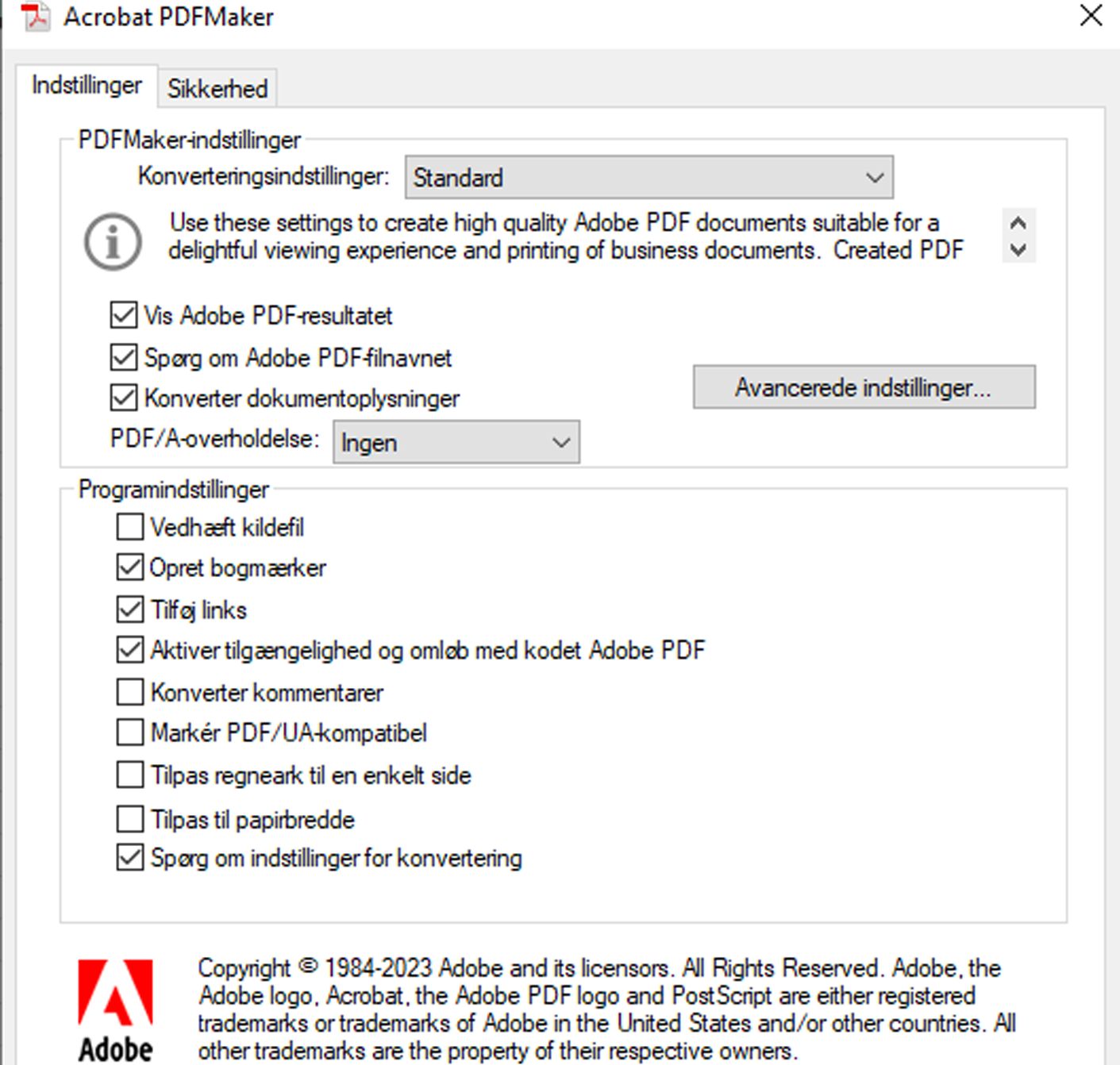 Angivelse af indstillinger for UA-kompatibilitet i PDFMaker