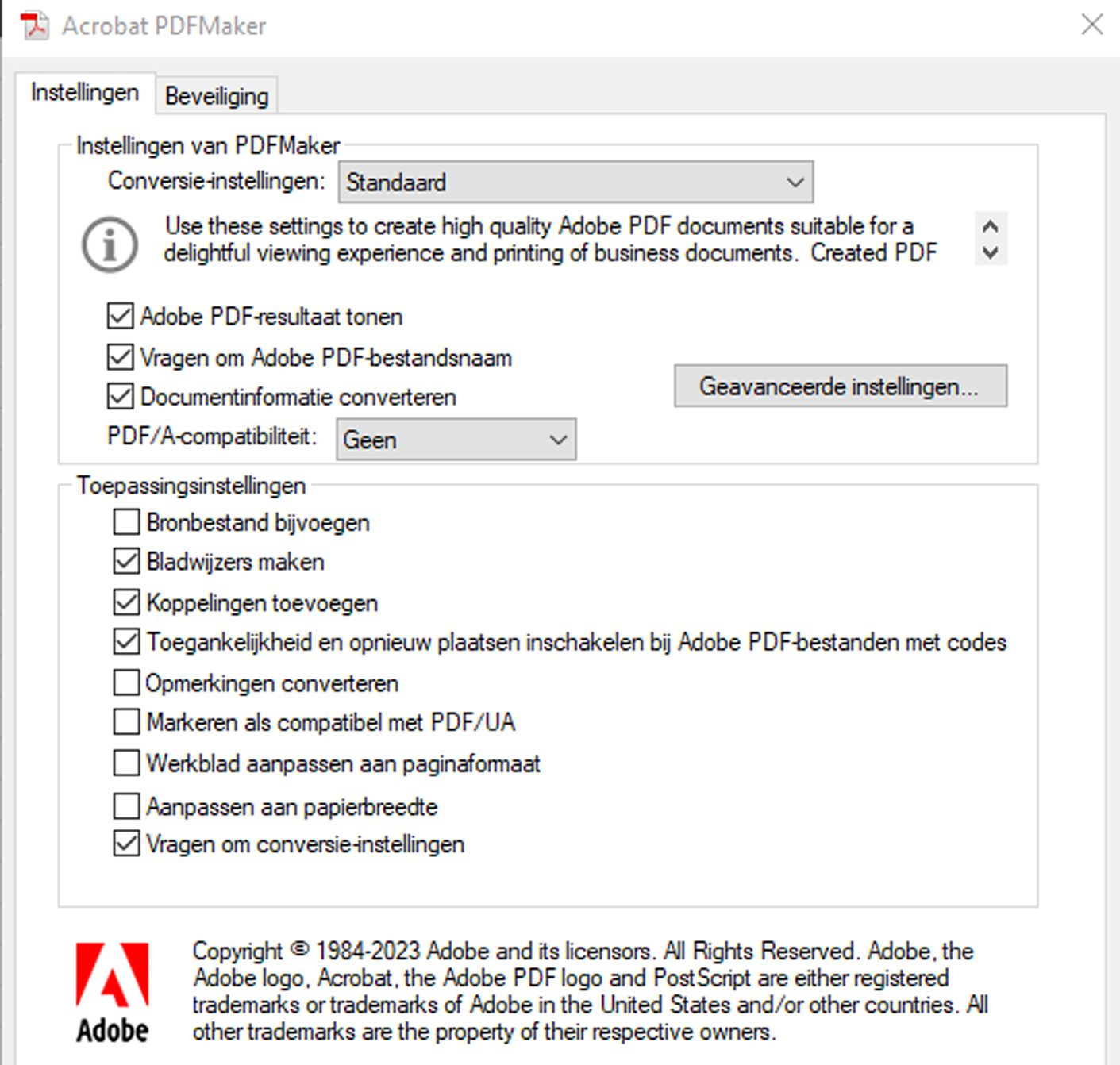 PDFMaker-instellingen om UA-conformiteit in te stellen
