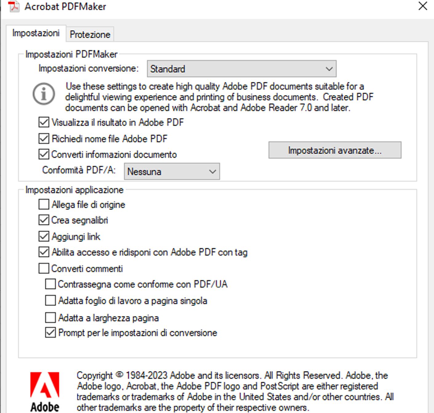 Impostazioni di PDFMaker per impostare la conformità UA