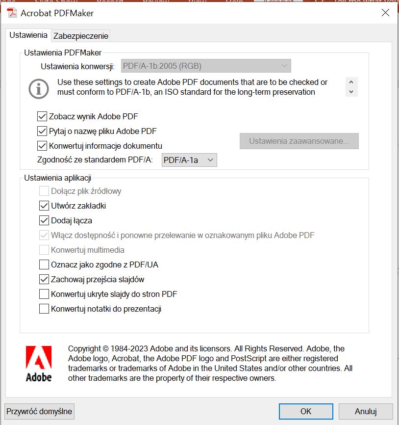 Ustawienia PDFMaker do ustawiania zgodności z UA