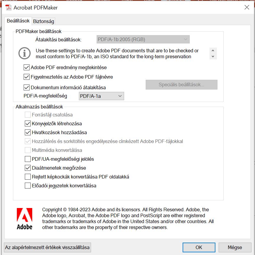 A PDFMaker beállításai az UA-megfelelőség beállításához