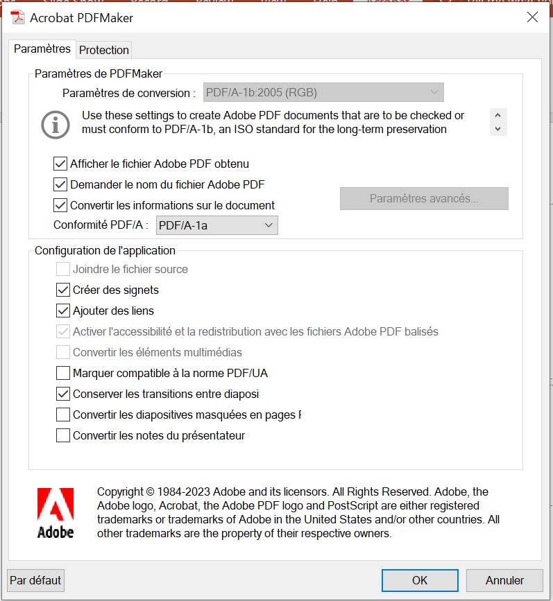Paramètres PDFMaker pour définir la conformité UA