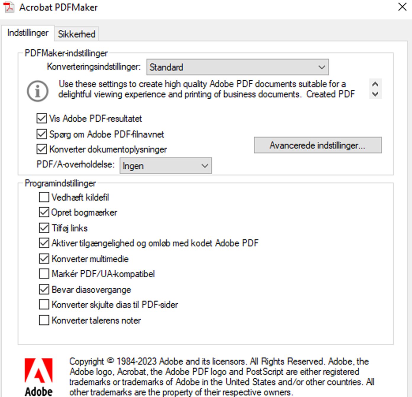 Angivelse af indstillinger for UA-kompatibilitet i PDFMaker