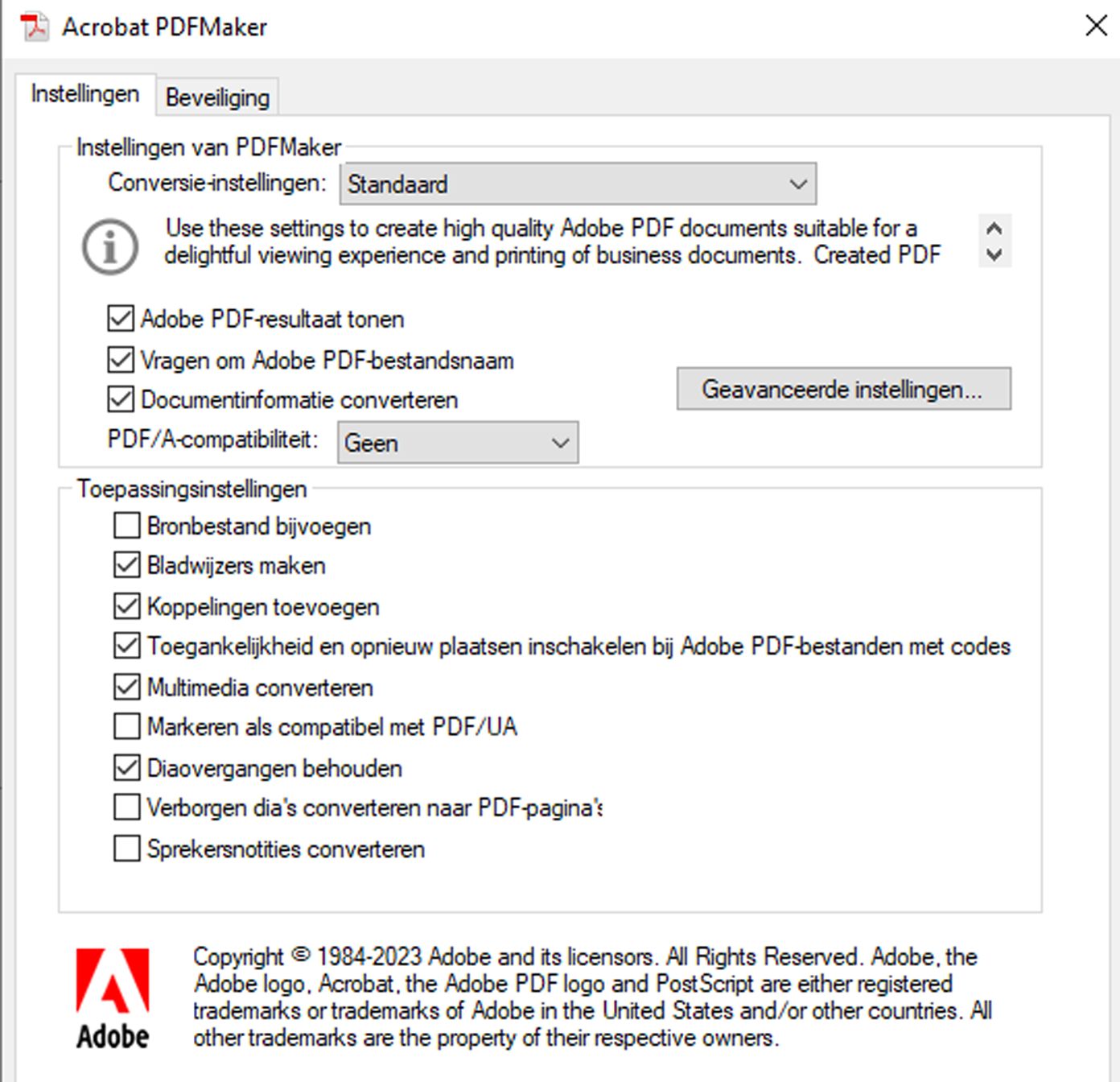 PDFMaker-instellingen om UA-conformiteit in te stellen