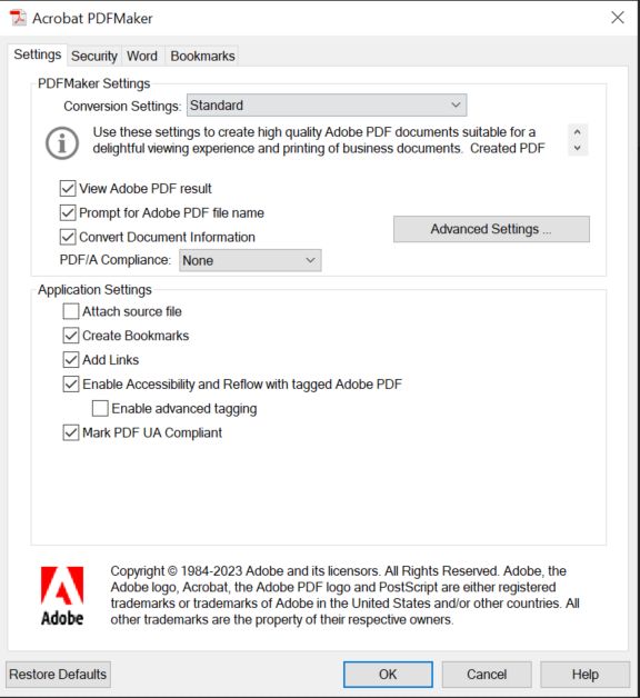 用于设置无障碍标准的 PDFMaker 首选项